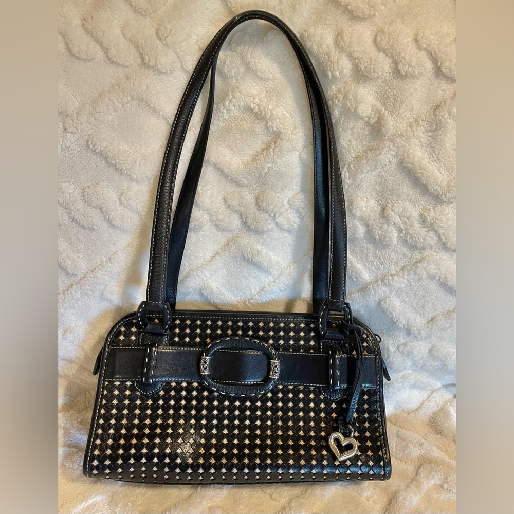 Brighton Elegant Black Leather with Perforated Tiny Hearts Finish Shoulder Bag